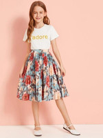 Girls Letter Graphic Top & Floral Print Pleated Skirt Set