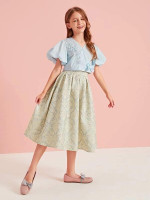 Girls Puff Sleeve Applique Top & Floral Jacquard Skirt Set
