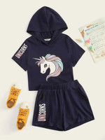 Girls Unicorn Print Letter Hoodie & Shorts Set