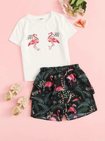 Girls Flamingo Letter Print Top & Layered Ruffle Shorts Set