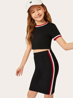 Girls Striped Neck & Cuff Top & Bodycon Skirt Set