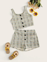 Girls Button Front Plaid Tank Top And Shorts Set