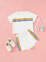 Girls Rainbow Striped Print Top & Shorts Set
