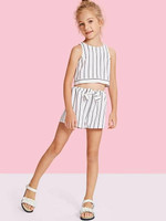 Girls Slit Knot Back Stripe Shell Top & Shorts Set
