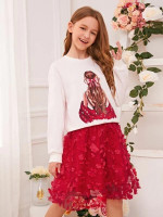 Girls Figure Print Pullover & Appliques Detail Mesh Skirt Set