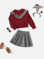 Girls Plaid Ruffle Detail Pullover & Skirt Set