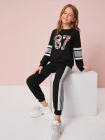 Girls Letter Graphic Pullover & Contrast Side Seam Joggers Set