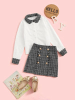 Girls Contrast Collar Blouse & Tweed Skirt Set