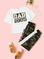 Girls Camo & Slogan Print Tee And Contrast Sideseam Sweatpants Set