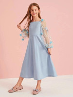 Girls 3D Applique And Embroidered Mesh Bishop Sleeve Dress