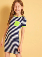 Girls Neon Trim Pocket Patched Striped Dress