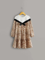 Girls Bow Front Leopard Print Smock Dress