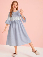 Girls Bell Sleeve Lace Applique Striped Dress