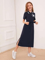 Girls Letter Patched Belted Polo Shirt Dress