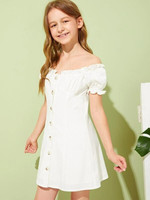 Girls Off Shoulder Frilled Button Front Pleated Dress