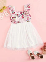 Girls Lace Trim Ruffle Armhole Floral Mesh Overlay Dress