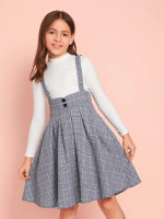 Girls Button Front Pleated Plaid Pinafore Dress
