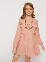 Girls Lace Ruffle Trim Floral Embroidered Smock Dress