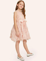 Girls Tiered Fringe Patched Bow Tied Dress