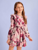 Girls Ruffle Detail Shirred Waist Floral Print Dress