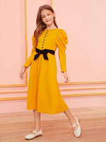 Girls Buttoned Front Puff Sleeve Dress With Belt