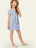 Girls Waist Belted Stripe Roll Sleeve Dress