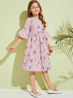 Girls Floral And Striped Flounce Sleeve Dress