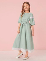 Girls Embroidered Botanical Sleeve Lace Trim Belted Dress