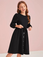 Girls Button Front Belted Dress