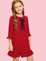 Girls Ruffle Trim Bow Front With Beading Detail Dress