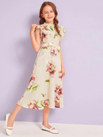 Girls Ruffle Mesh Trim Floral Print Belted Dress