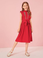 Girls Embroidered Floral Ruffle Trim Belted Dress
