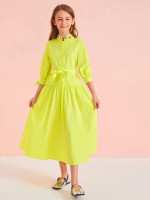 Girls Neon Yellow Applique Detail Belted Shirt Dress