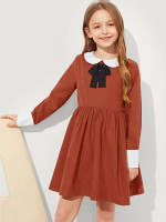 Girls Contrast Collar Bow Front Dress