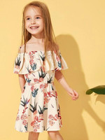 Toddler Girls Floral Print Off-Shoulder Ruffle Trim A-Line Dress