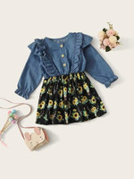 Toddler Girls Ruffle Trim Sunflower Print Combo Dress