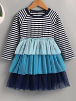 Toddler Girls Striped Layered Ruffle Mesh Dress