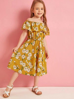 Toddler Girls Daisy Floral Ruffle Trim Off Shoulder Dress