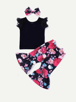 Girls Lace Sleeve Top & Floral Print Pants & Headband
