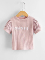 Toddler Girls Letter Embroidery Puff Sleeve Tee