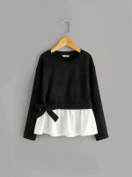 Girls Two Tone Tie Front Ruffle Hem Pullover