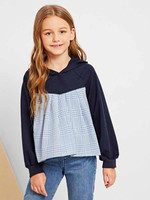 Girls Contrast Plaid Print Hoodie Sweatshirt