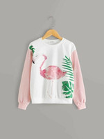 Girls Tropical And Flamingo Print Embroidered Applique Sweatshirt