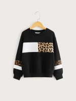Girls Leopard Print Colorblock Pullover