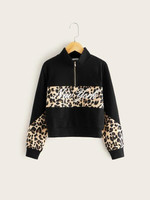 Girls Half Zipper Front Leopard & Letter Print Pullover