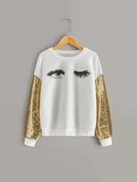 Girls Eye And Eyelash Print Sequin Sleeve Pullover