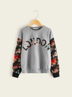 Girls Letter And Botanical Print Heather Grey Pullover
