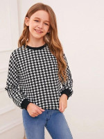 Girls Solid Trim Houndstooth Pullover