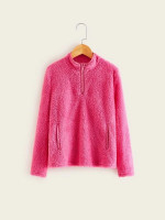 Girls Neon Pink Zip Half Placket Teddy Sweatshirt
