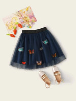 Girls Embroidered Butterfly Glitter Waist Mesh Overlay Skirt